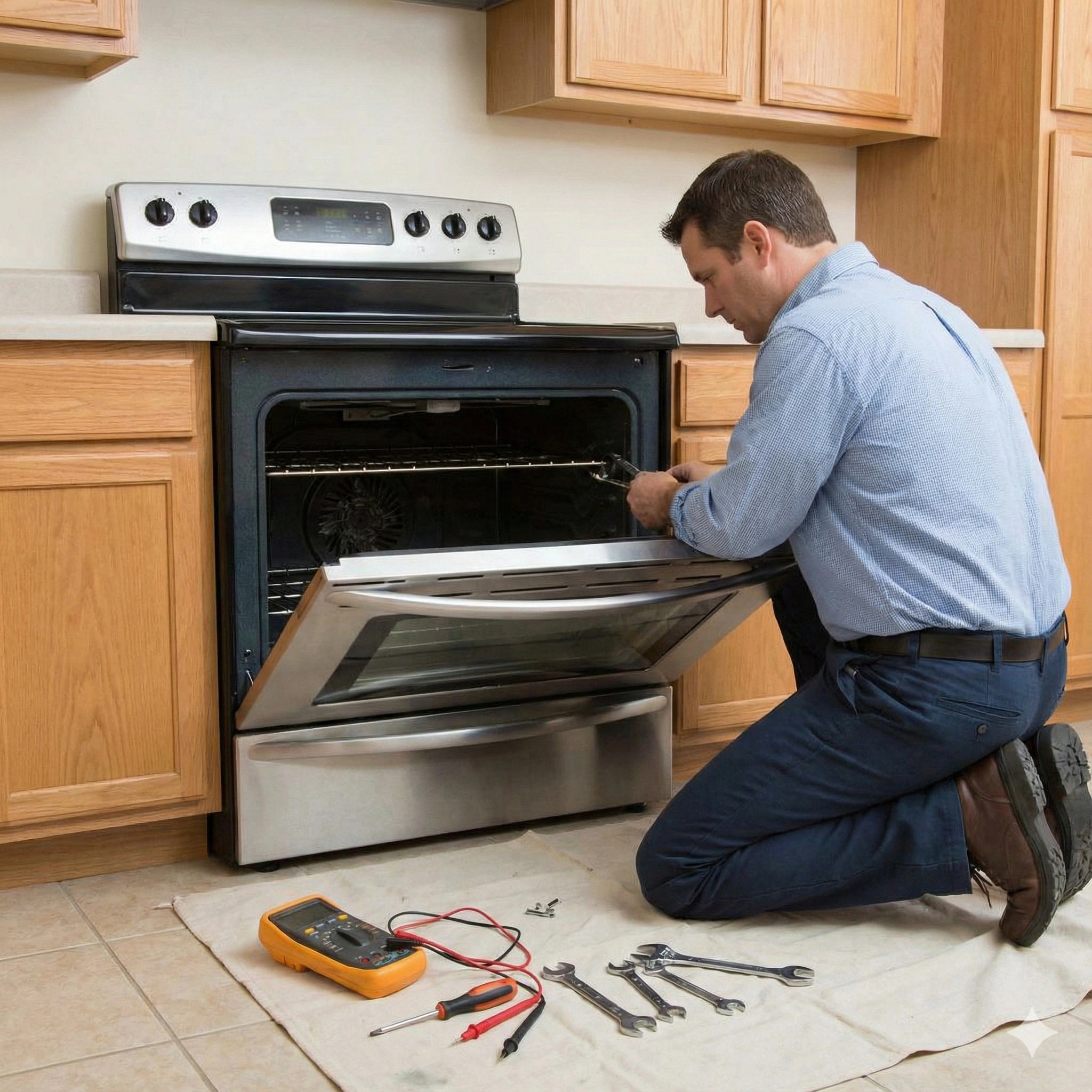 FIXNOW APPLIANCES technician repairing an electric range